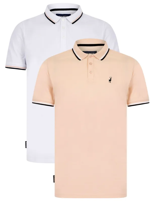 Thomas (2 Pack) Cotton Pique Polo Shirt in Bright White / Peach Whip - Kensington Eastside sold by Tokyo Laundry
