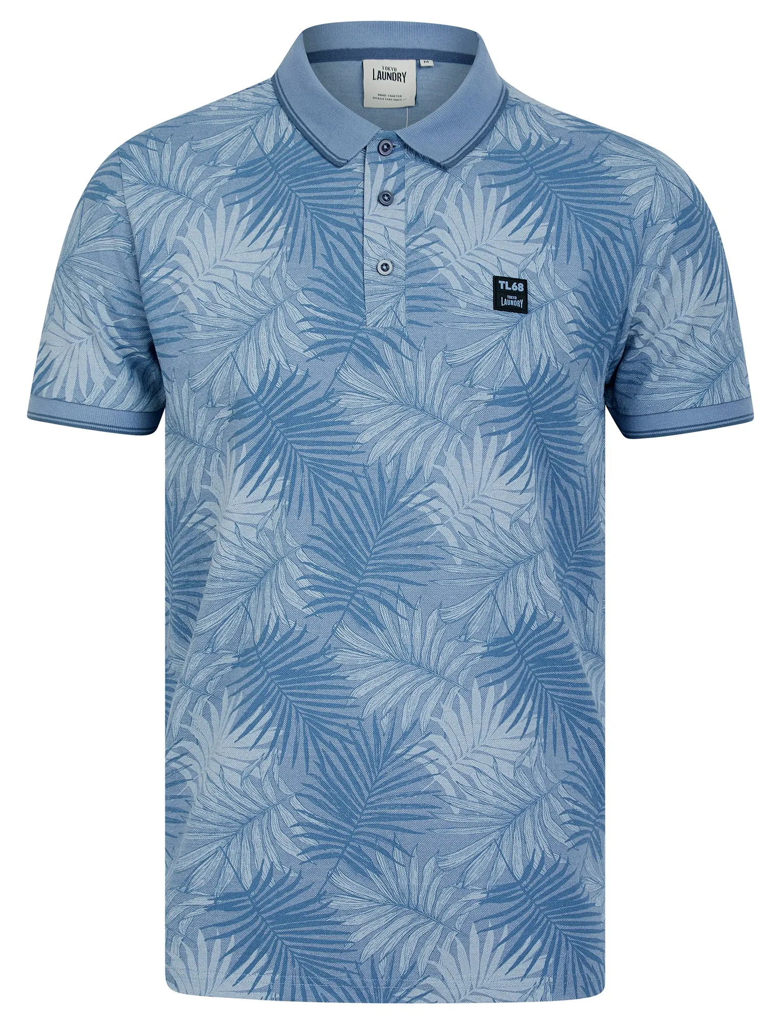 Hunton Cotton Rich Pique Tropical Hawaiian Print Polo Shirt in Tempest Blue - Tokyo Laundry sold by Tokyo Laundry