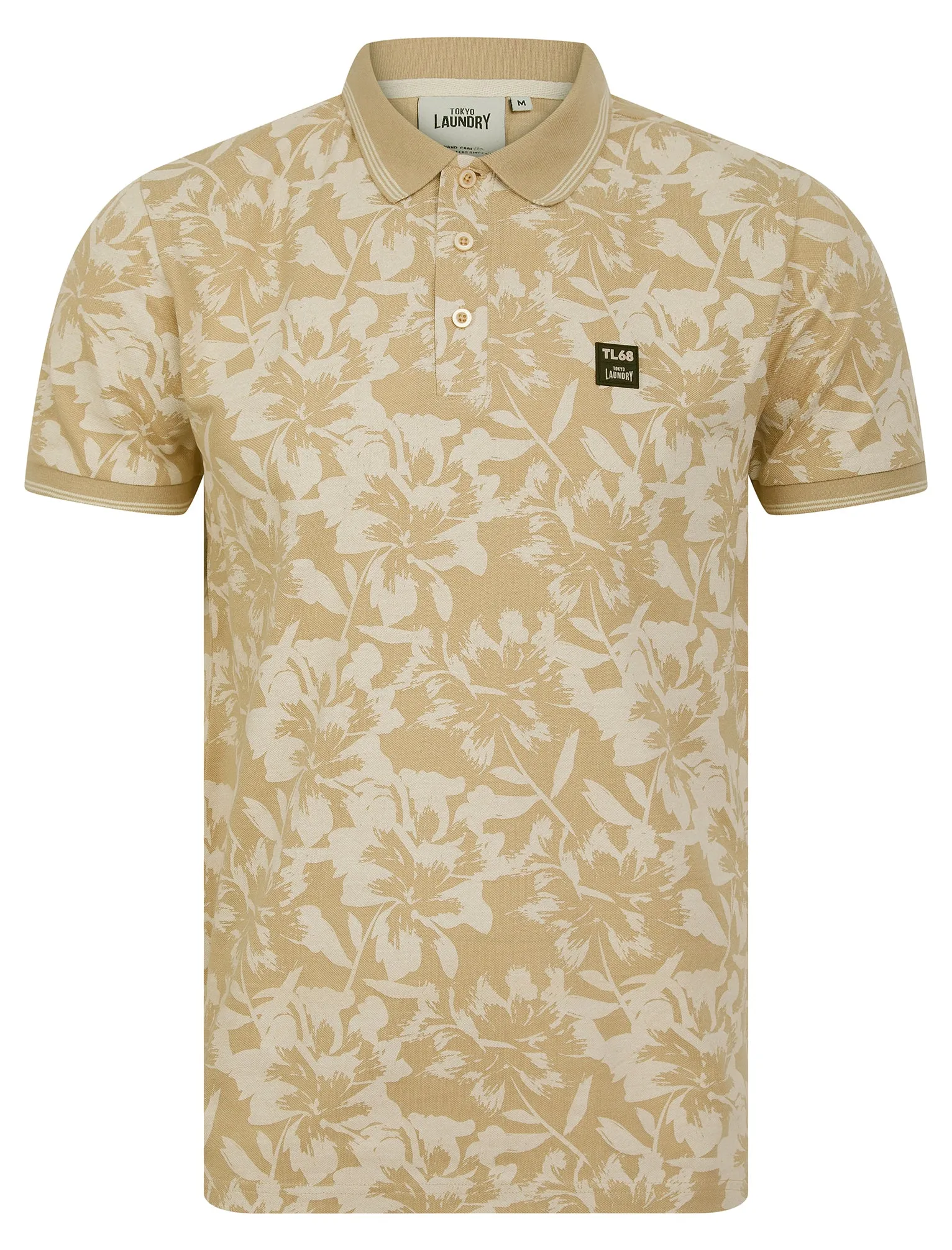 Alldis Cotton Rich Pique Tropical Hawaiian Print Polo Shirt in Cuban Sand - Tokyo Laundry sold by Tokyo Laundry