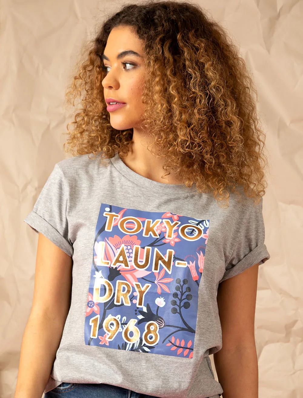 Cala Motif Cotton T-Shirt with Gold Foil Detail in Light Grey Marl - Tokyo Laundry sold by Tokyo Laundry product image thumbnail 3