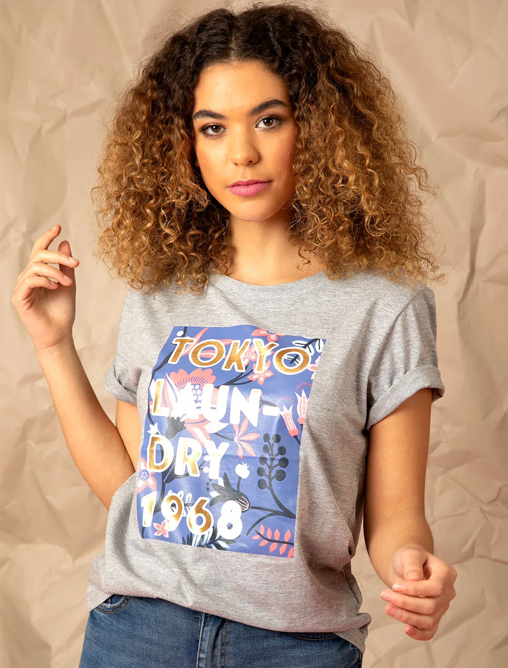 Cala Motif Cotton T-Shirt with Gold Foil Detail in Light Grey Marl - Tokyo Laundry sold by Tokyo Laundry