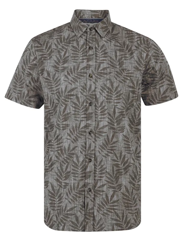 Rama Palm Leaf Print Short Sleeve Cotton Chambray Shirt in Light Grey - Tokyo Laundry sold by Tokyo Laundry