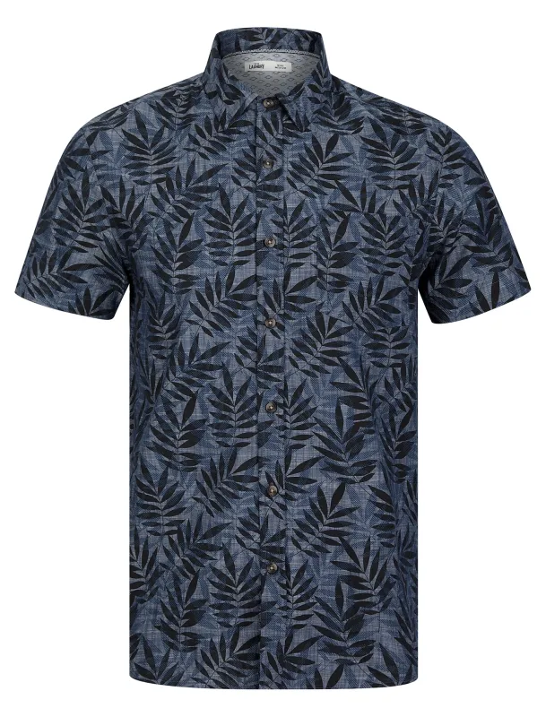 Rama Palm Leaf Print Short Sleeve Cotton Chambray Shirt in Mid Blue - Tokyo Laundry sold by Tokyo Laundry