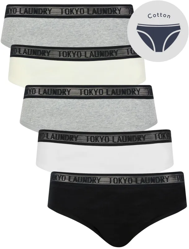 Ayla 5 (5 Pack) Cotton Assorted Briefs with Mesh Waistband in Jet Black / Bright White / Light Grey Marl / Jet Stream - Tokyo Laundry sold by Tokyo Laundry