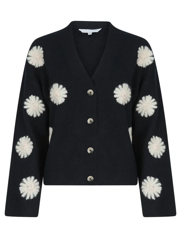 Strawflower Women's Drop Shoulder Embroidered V-Neck Rib Knit Cardigan in Sky Captain Navy - Amara Reya sold by Tokyo Laundry