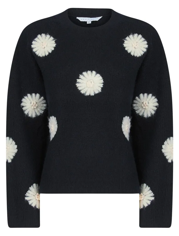 Gooseberry Women's Drop Shoulder Embroidered Crew Neck Rib Knit Jumper in Sky Captain Navy - Amara Reya sold by Tokyo Laundry