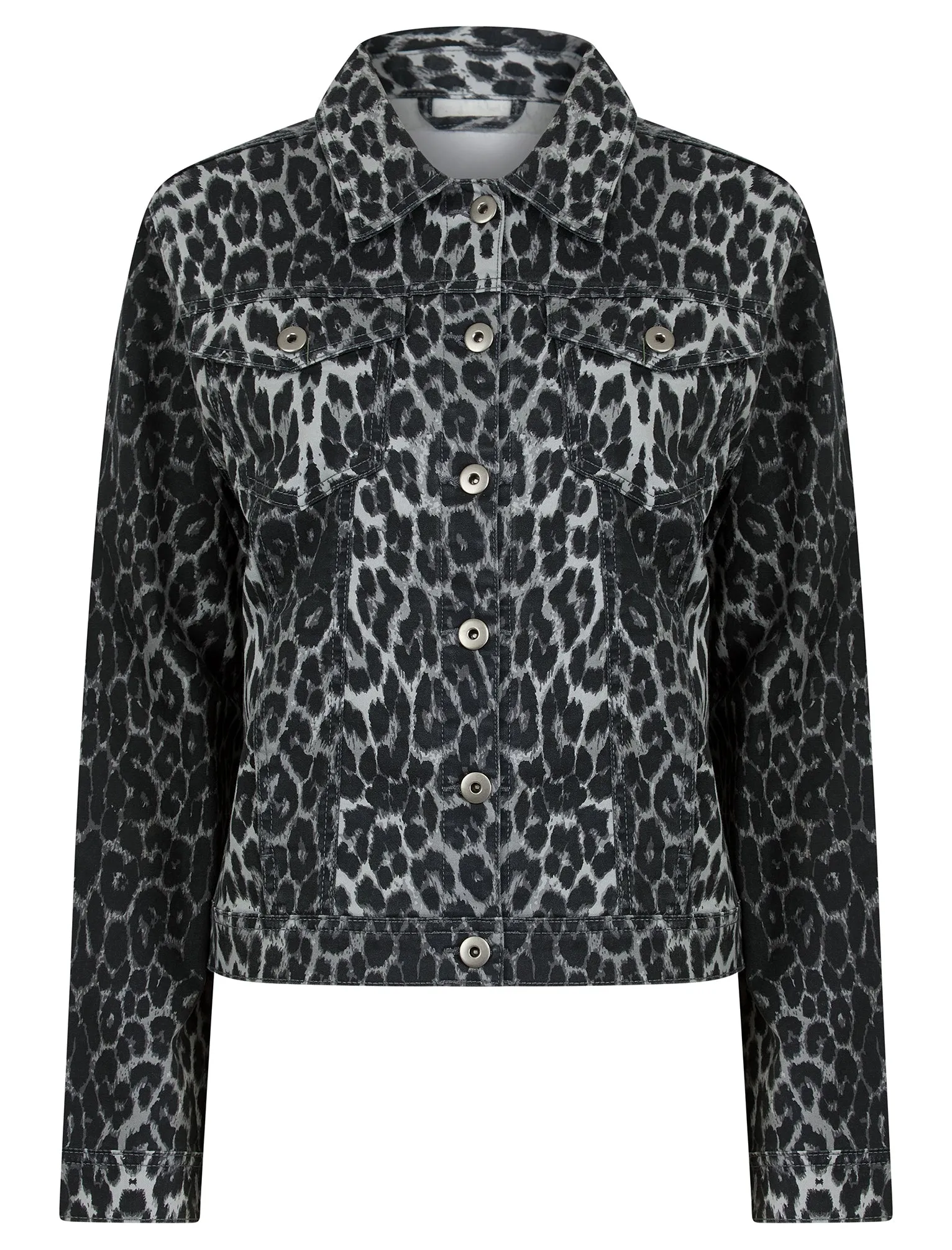 Zephyr Women's Stretch Cotton Denim Jacket in Grey Leopard Print - Amara Reya sold by Tokyo Laundry