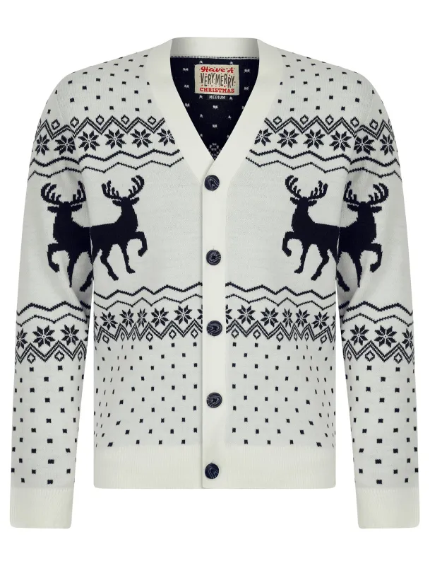 Men's Deers Novelty Jaquard Knit Nordic Style Christmas Cardigan in Laundered Ecru - Merry Christmas sold by Tokyo Laundry