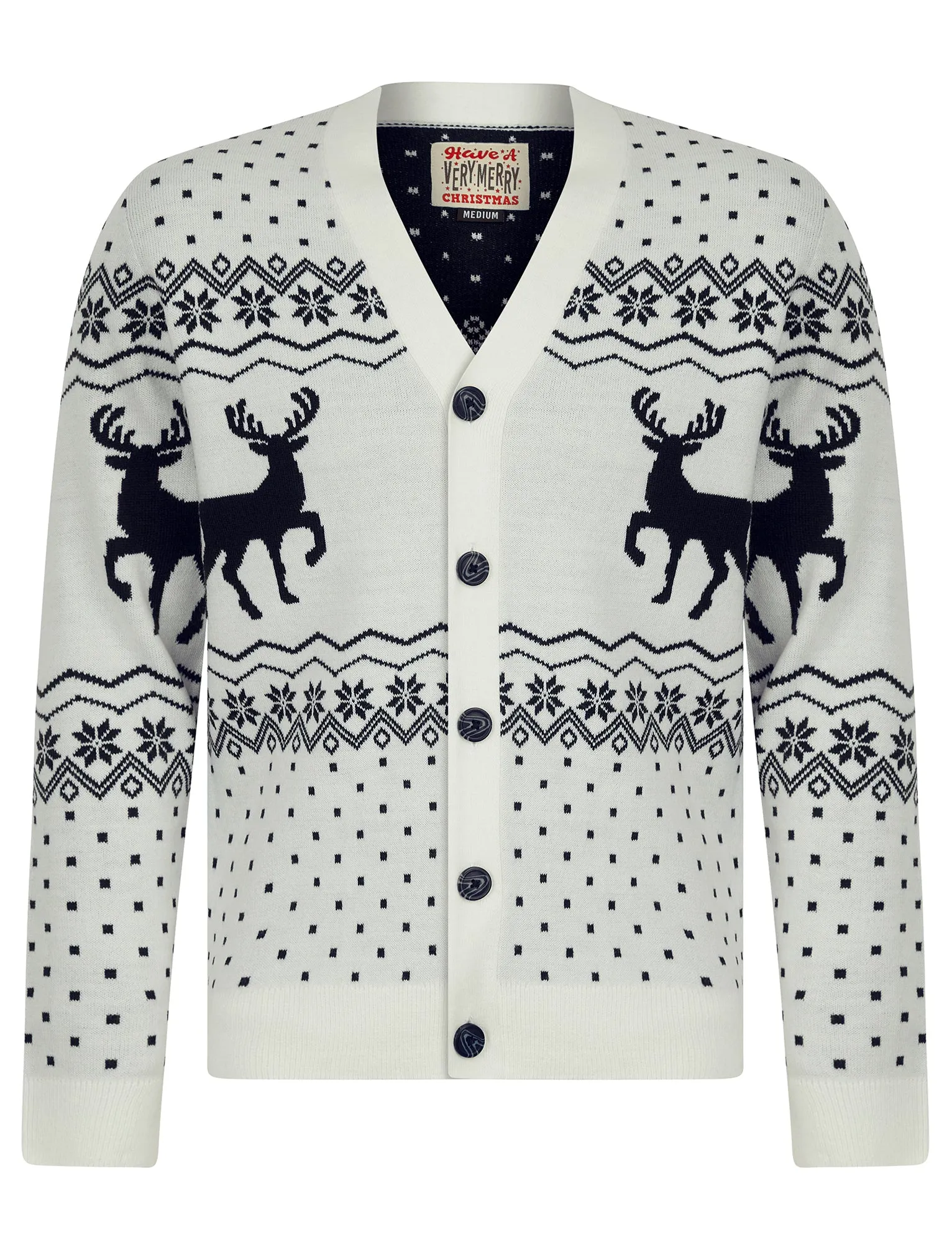 Men's Deers Novelty Jaquard Knit Nordic Style Christmas Cardigan in Laundered Ecru - Merry Christmas sold by Tokyo Laundry