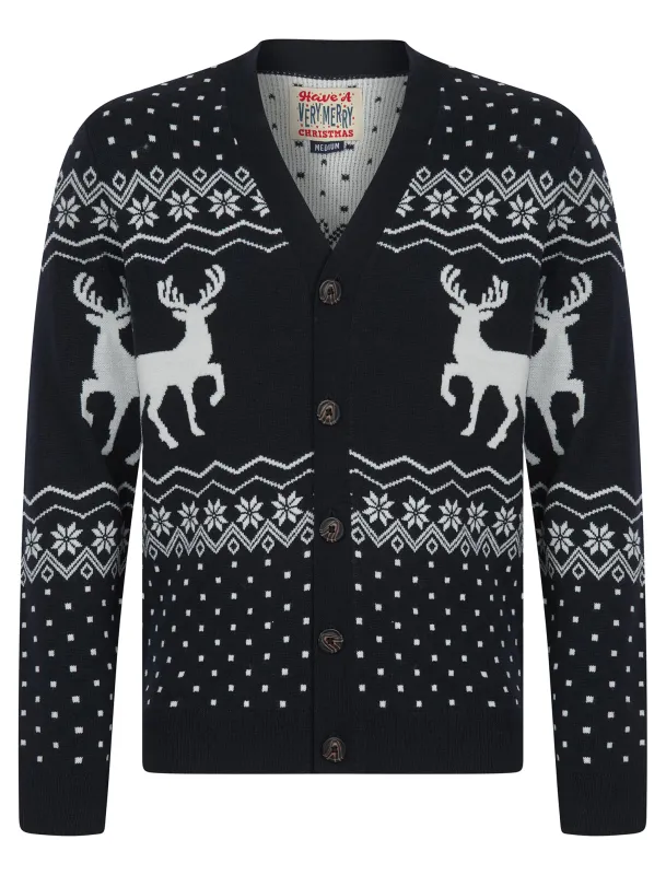 Men's Deers Novelty Jaquard Knit Nordic Style Christmas Cardigan in Ink - Merry Christmas sold by Tokyo Laundry