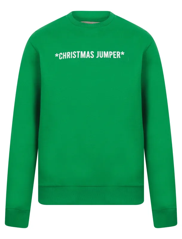 Men's Christmas Jumper Novelty Crew Neck Brushback Fleece Pullover Sweater in Amazon Green - Merry Christmas sold by Tokyo Laundry
