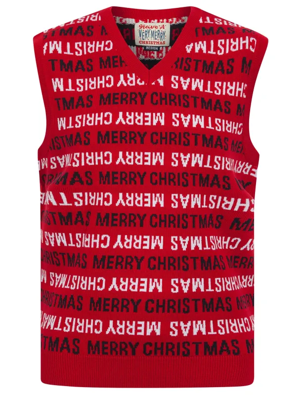 Men's Festives Novelty Motif Knitted V-Neck Sleeveless Christmas Tank Top in George Red - Merry Christmas sold by Tokyo Laundry