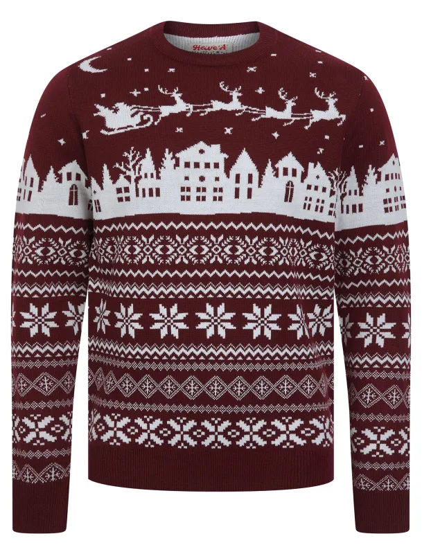 Men's Fly Jacquard Nordic Fair Isle Knitted Christmas Jumper in Claret - Merry Christmas sold by Tokyo Laundry
