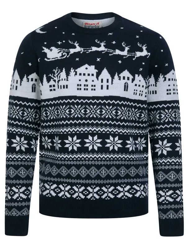 Men's Fly Jacquard Nordic Fair Isle Knitted Christmas Jumper in Ink - Merry Christmas sold by Tokyo Laundry