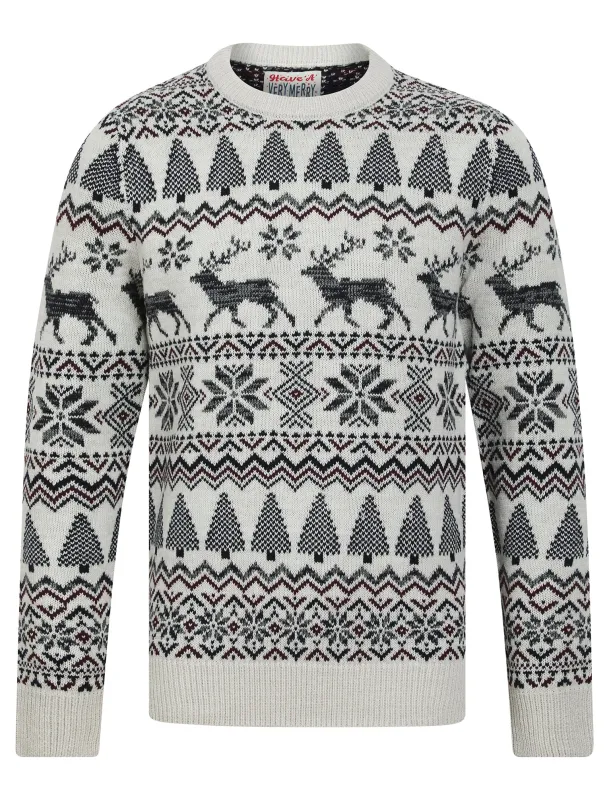 Men's Oatgrey Jacquard Nordic Fair isle Knitted Christmas Jumper in Chalk Twist - Merry Christmas sold by Tokyo Laundry