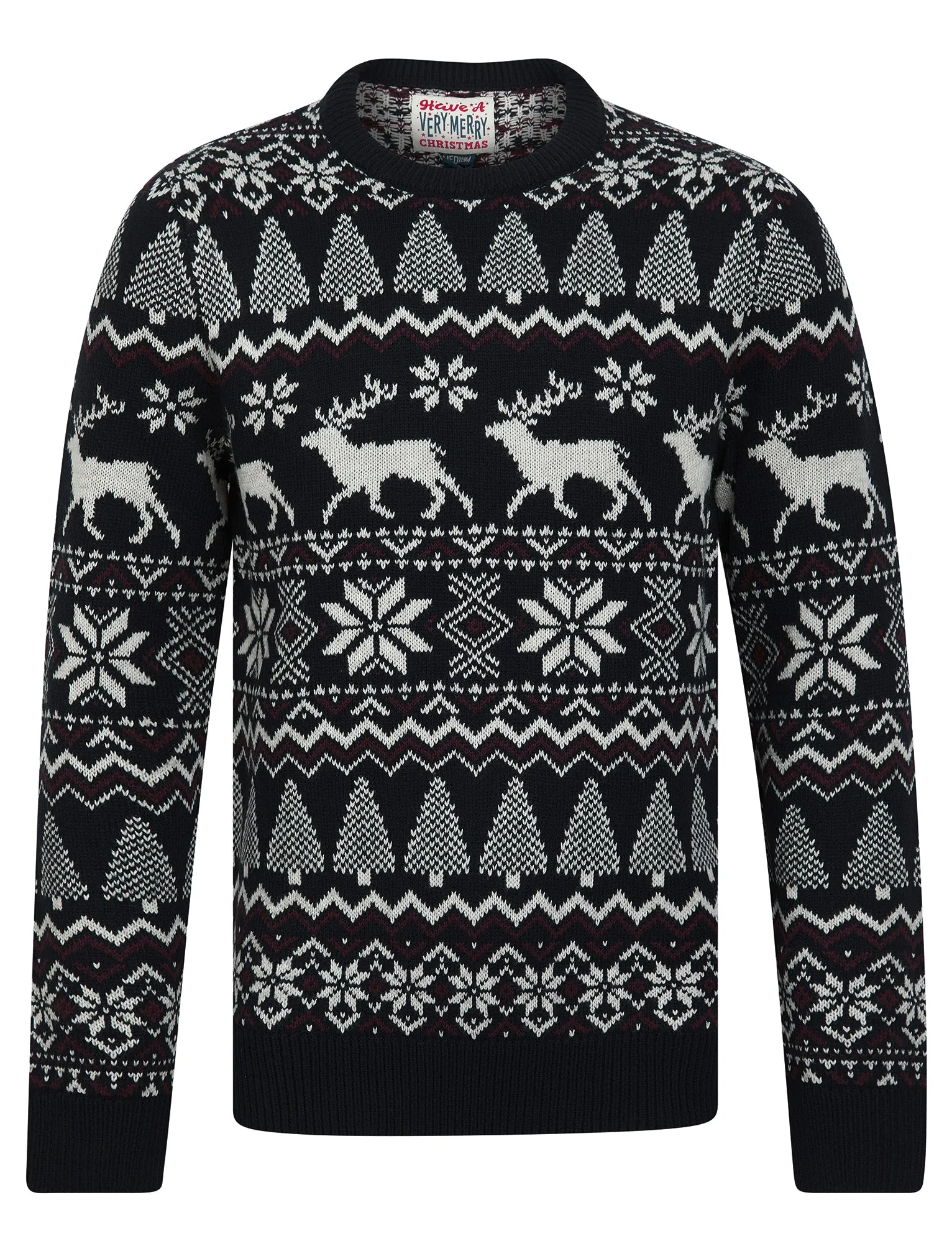 Men's Oatgrey Jacquard Nordic Fair isle Knitted Christmas Jumper in Ink - Merry Christmas sold by Tokyo Laundry