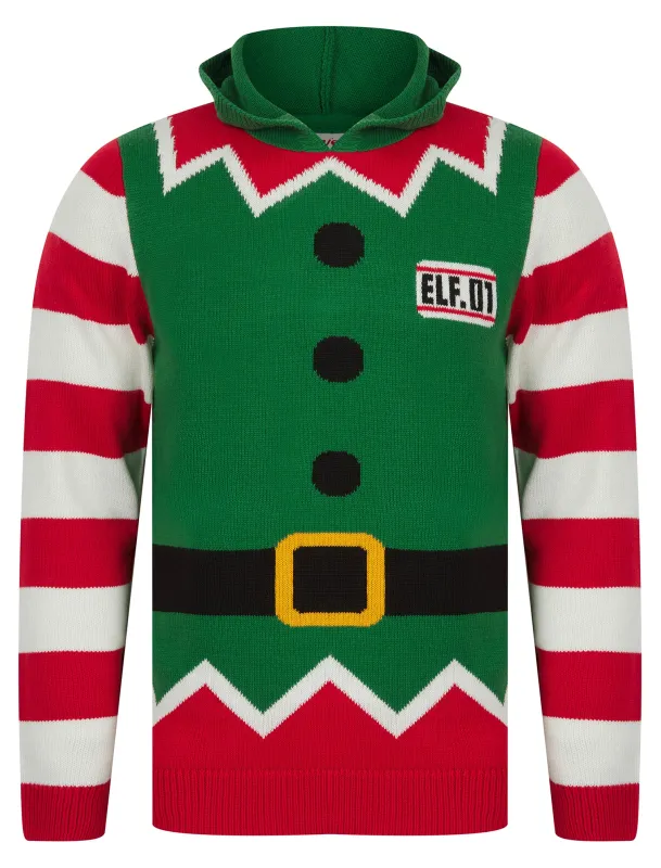 Men's  Elf Novelty Hooded Knitted Christmas Jumper in Christmas Green - Merry Christmas sold by Tokyo Laundry