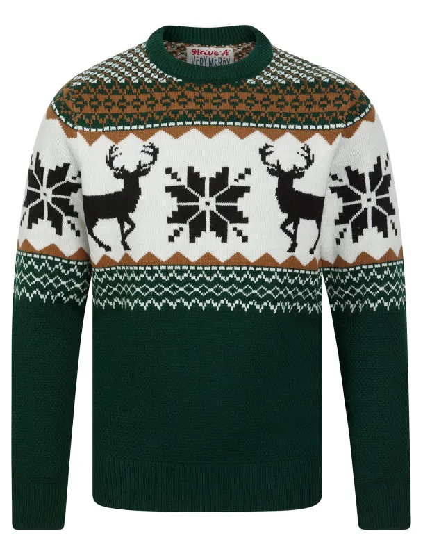 Men's Nordic Jacquard Fair Isle Festive Knitted Christmas Jumper in Holly Green - Merry Christmas sold by Tokyo Laundry