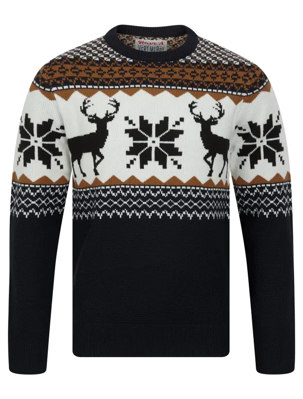 Men's Nordic Jacquard Fair Isle Festive Knitted Christmas Jumper in Ink - Merry Christmas sold by Tokyo Laundry