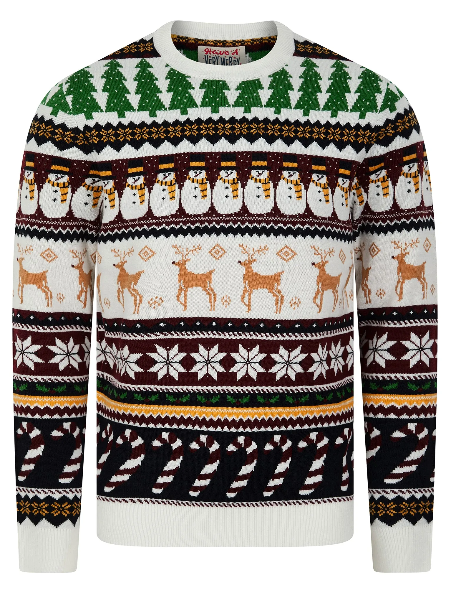 Men's Vintage Wrapping Paper Pattern Novelty Knitted Christmas Jumper in Laundered Ecru - Merry Christmas sold by Tokyo Laundry