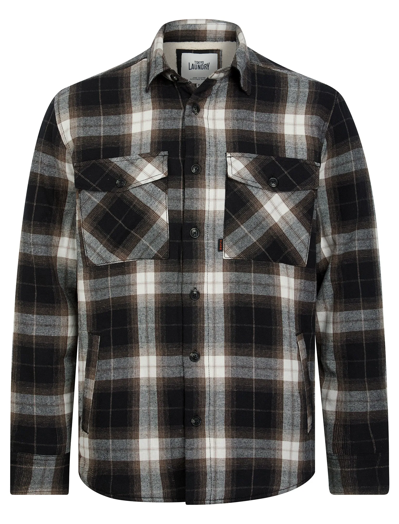 Kristoffer Sherpa Fleece Lined Cotton Flannel Checked Overshirt Jacket in Jet Black - Tokyo Laundry sold by Tokyo Laundry