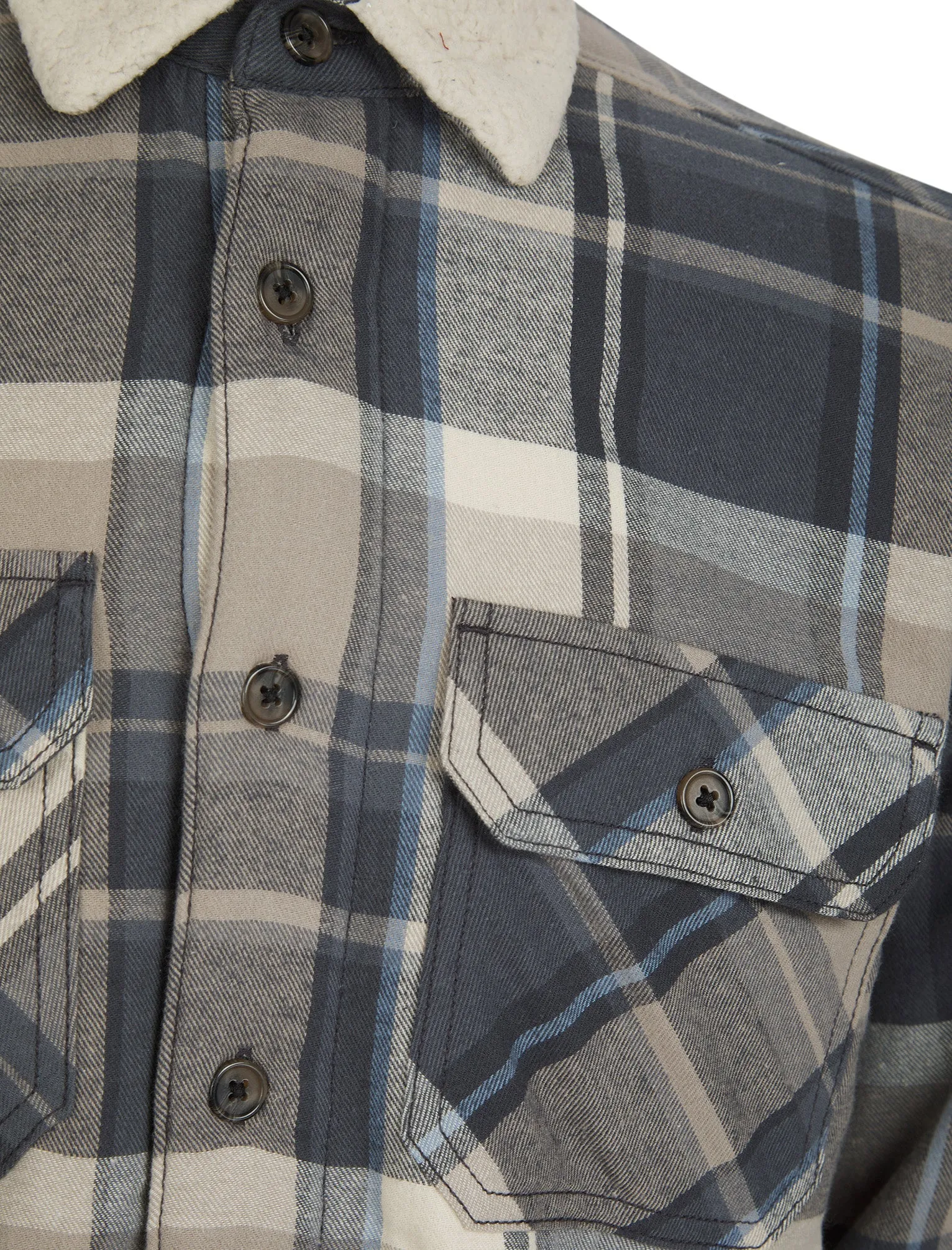 Broch Sherpa Fleece Lined Checked Flannel Cotton Overshirt Jacket in Moon Rock - Tokyo Laundry sold by Tokyo Laundry product image thumbnail 3