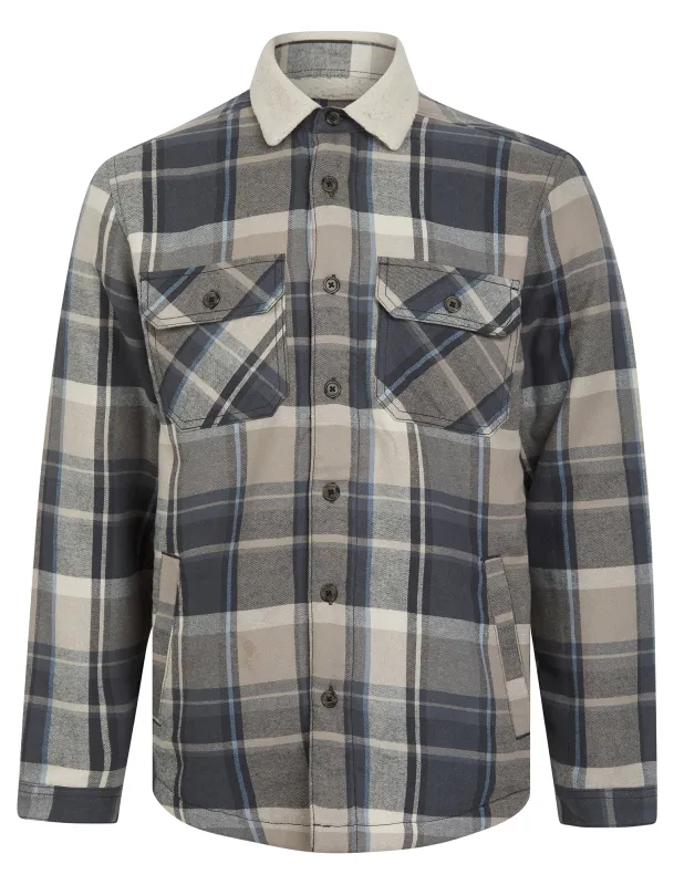 Broch Sherpa Fleece Lined Checked Flannel Cotton Overshirt Jacket in Moon Rock - Tokyo Laundry sold by Tokyo Laundry
