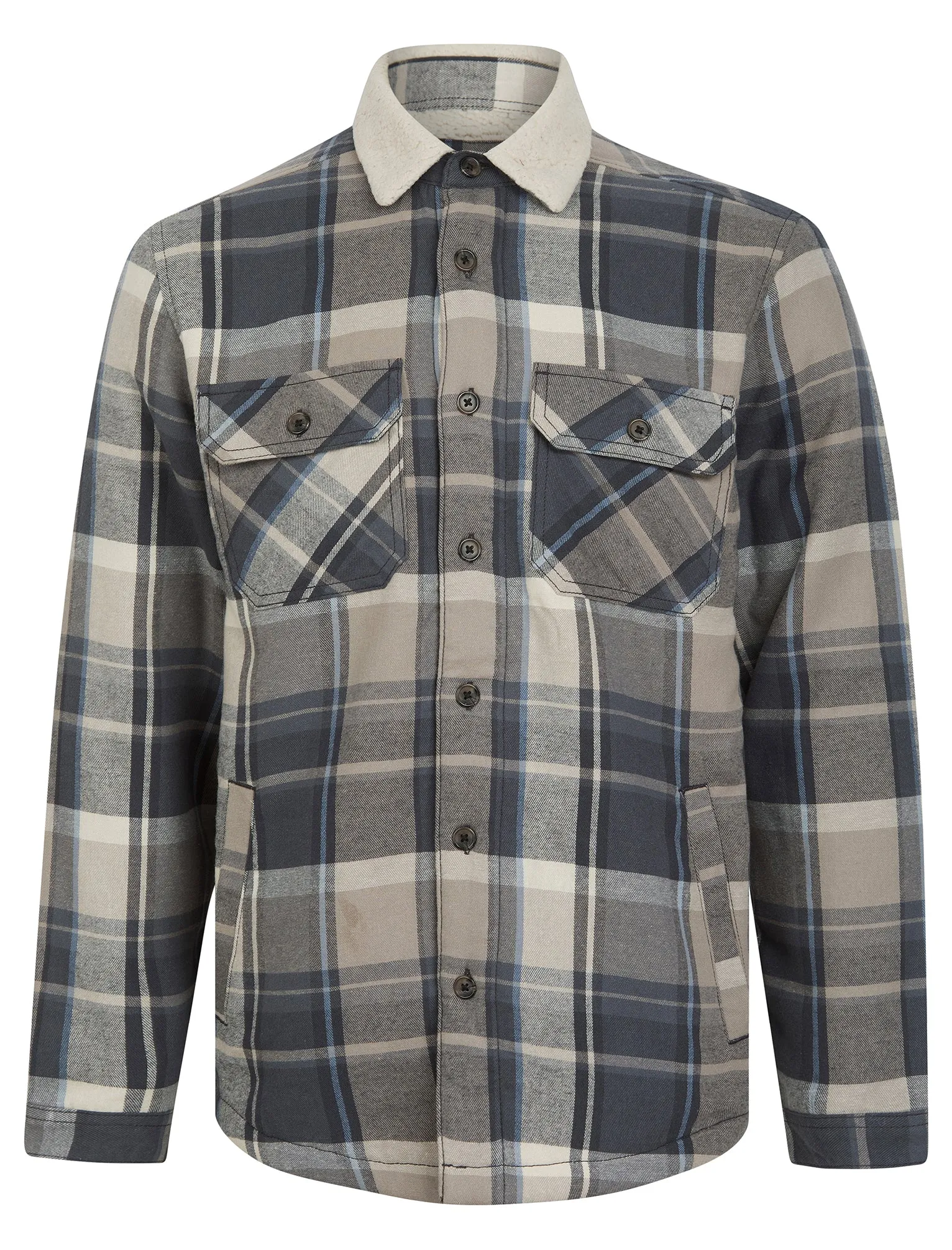 Broch Sherpa Fleece Lined Checked Flannel Cotton Overshirt Jacket in Moon Rock - Tokyo Laundry sold by Tokyo Laundry