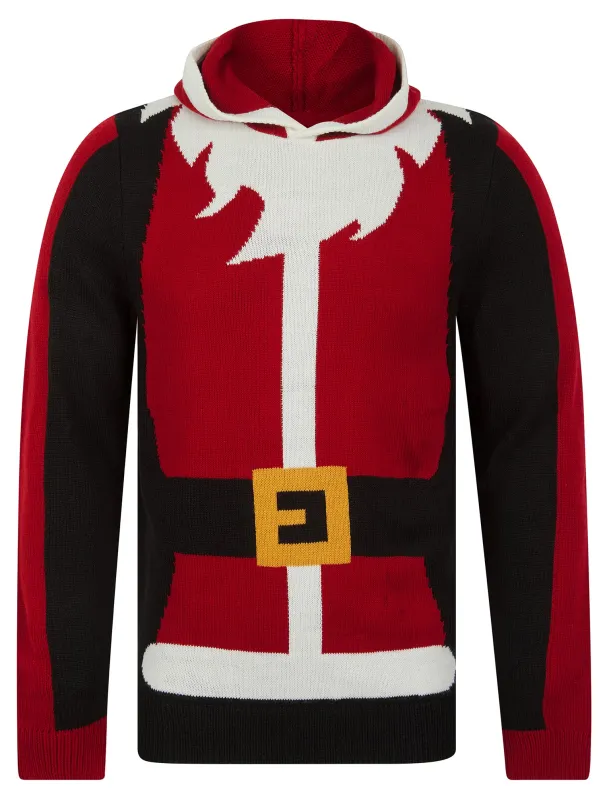 Men's  Santa Novelty Hooded Knitted Christmas Jumper in Christmas Red - Merry Christmas sold by Tokyo Laundry