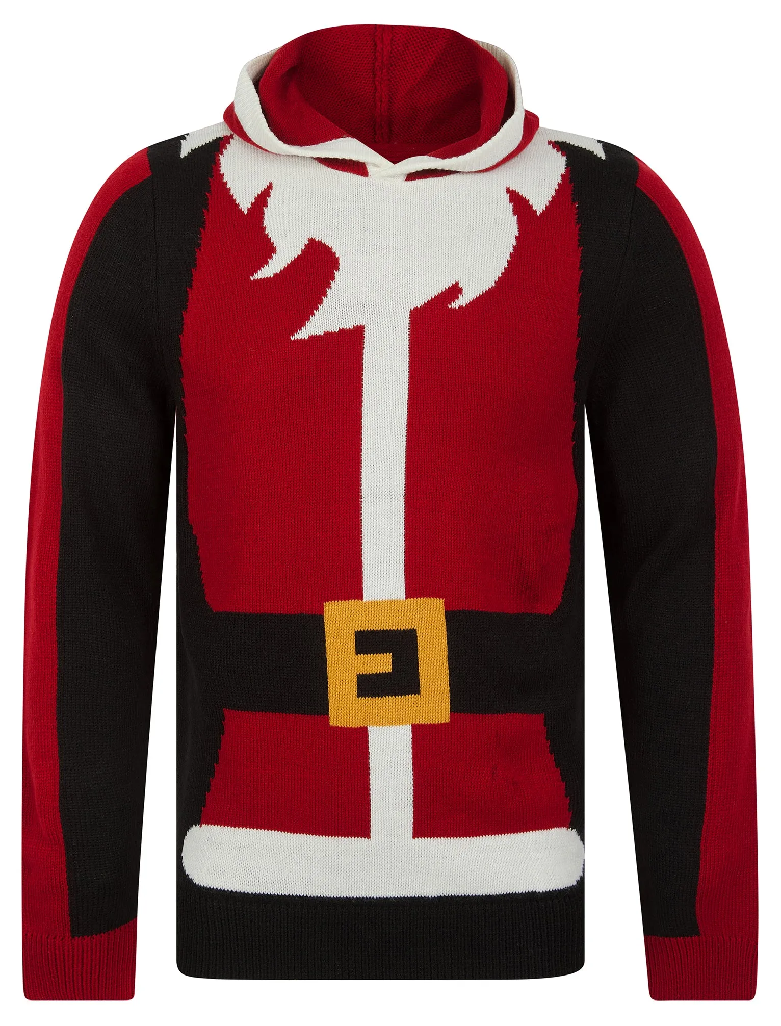 Men's Santa Novelty Hooded Knitted Christmas Jumper in Christmas Red - Merry Christmas sold by Tokyo Laundry