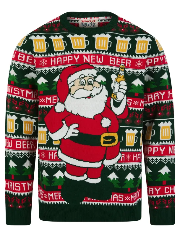 Men's Santa Beer Motif Novelty Knitted Christmas Jumper in Holly Green - Merry Christmas sold by Tokyo Laundry