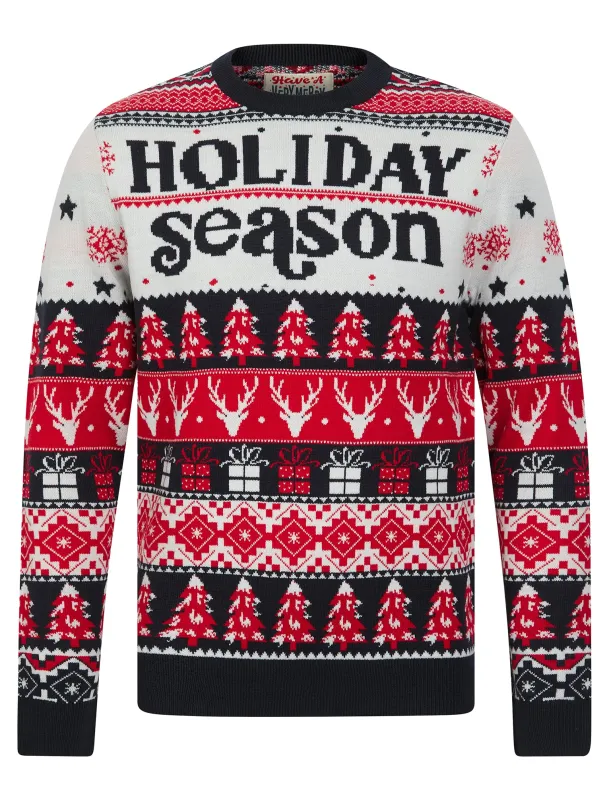 Men's Holiday Season Jacquard Nordic Fair Isle Christmas Jumper in Ink - Merry Christmas sold by Tokyo Laundry