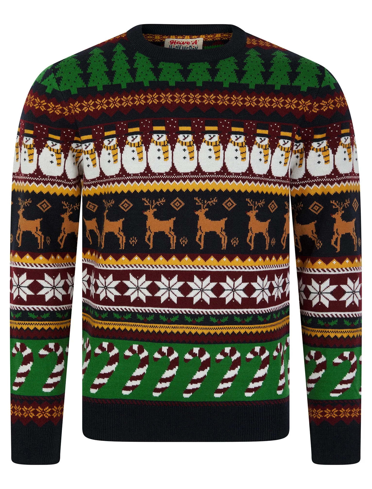 Men's Vintage Wrapping Paper Pattern Novelty Knitted Christmas Jumper in Ink - Merry Christmas sold by Tokyo Laundry