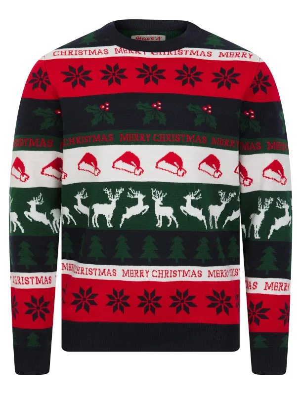 Men's Candycane Wrapping Paper Pattern Novelty Knitted Christmas Jumper in Ink - Merry Christmas sold by Tokyo Laundry