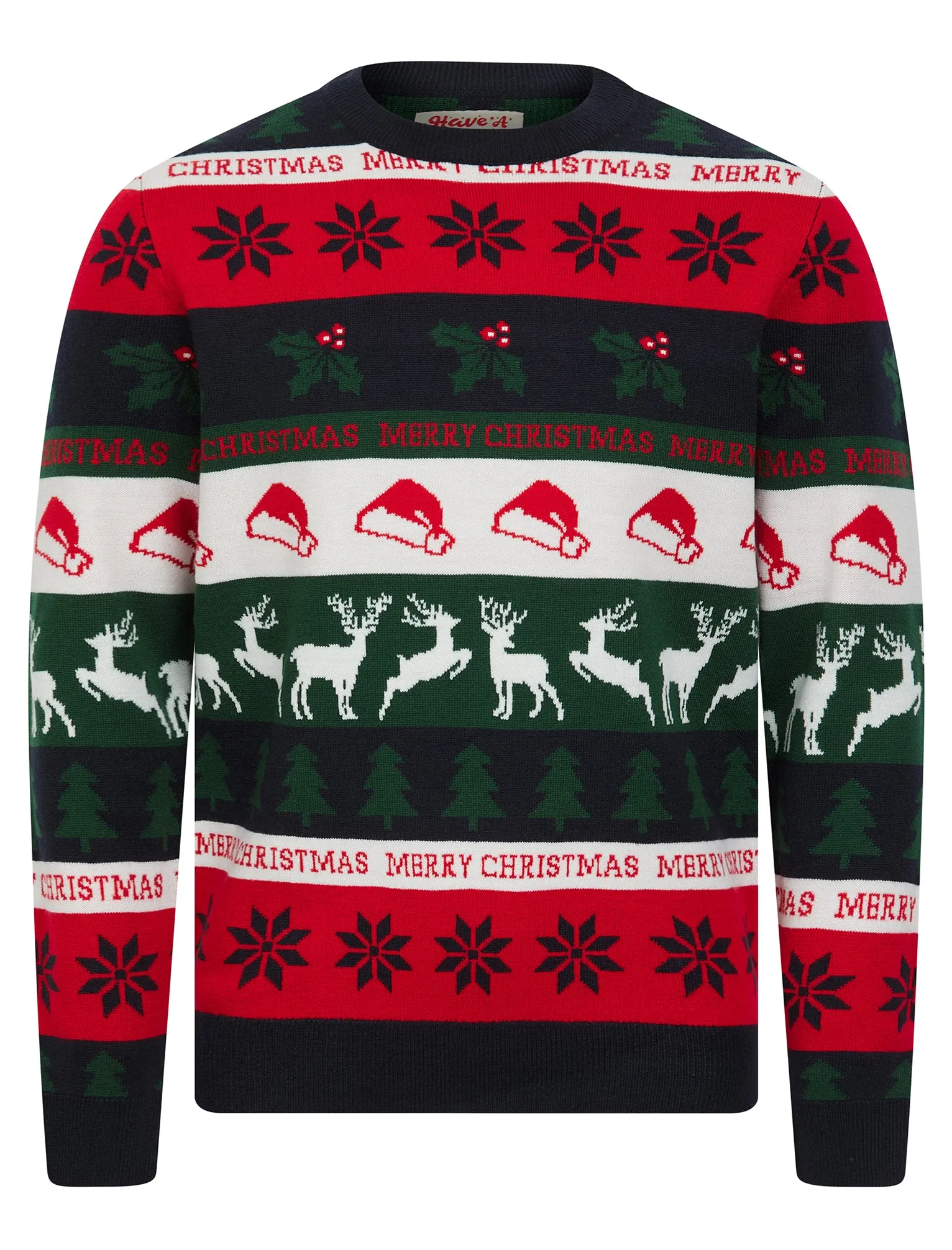 Men's Candycane Wrapping Paper Pattern Novelty Knitted Christmas Jumper in Ink - Merry Christmas sold by Tokyo Laundry