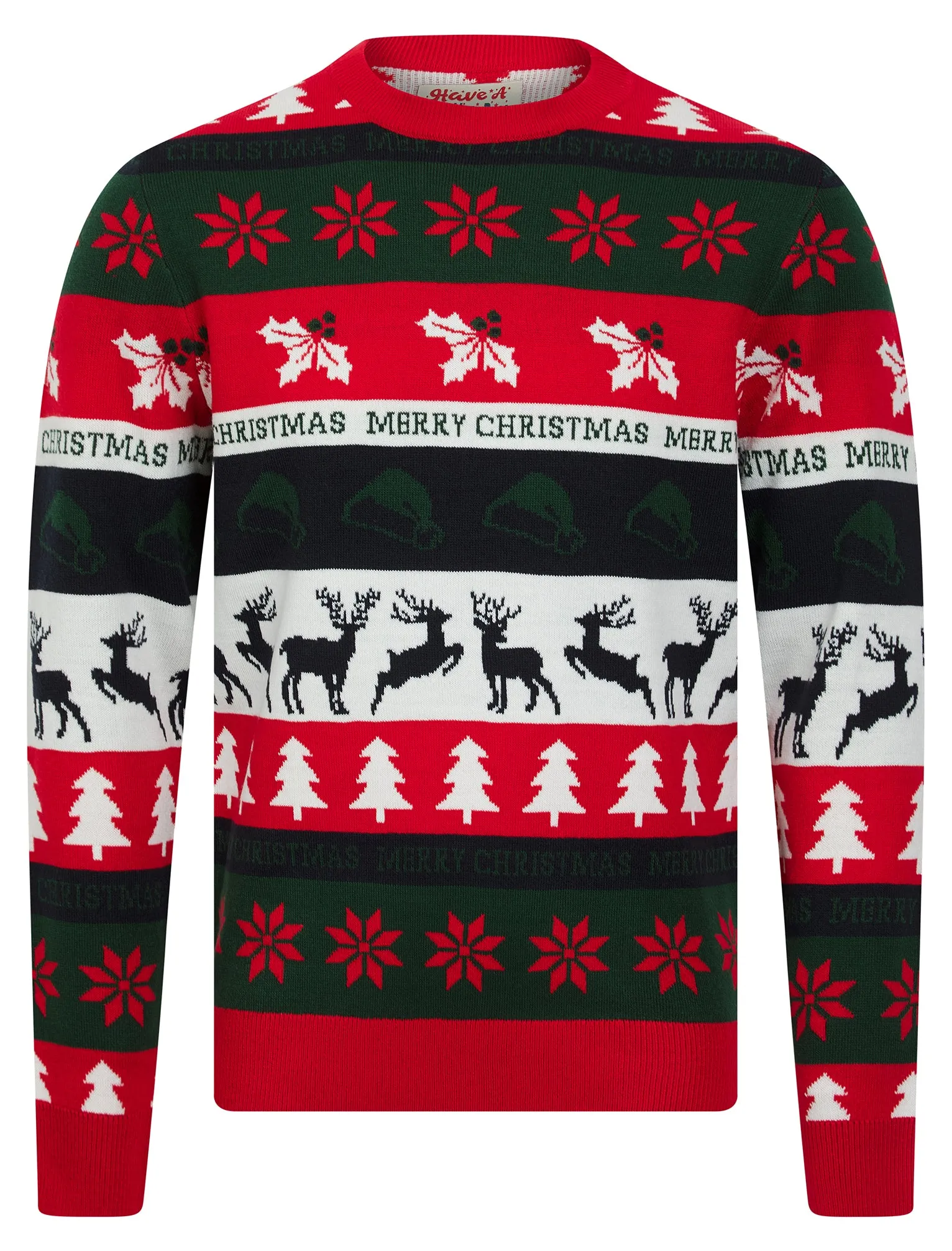 Men's Candycane Wrapping Paper Pattern Novelty Knitted Christmas Jumper in Tango Red - Merry Christmas sold by Tokyo Laundry