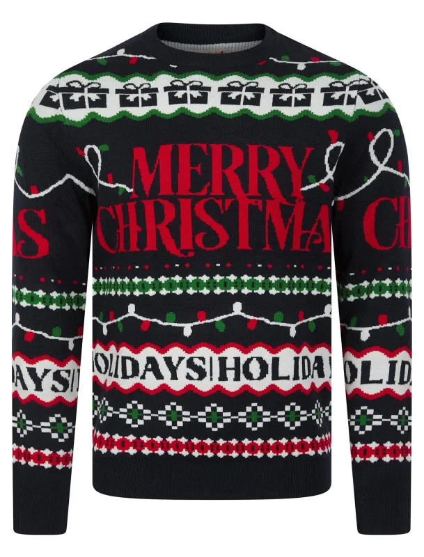 Men's Xmas Wrapping Paper Pattern Novelty Knitted Christmas Jumper in Ink - Merry Christmas sold by Tokyo Laundry