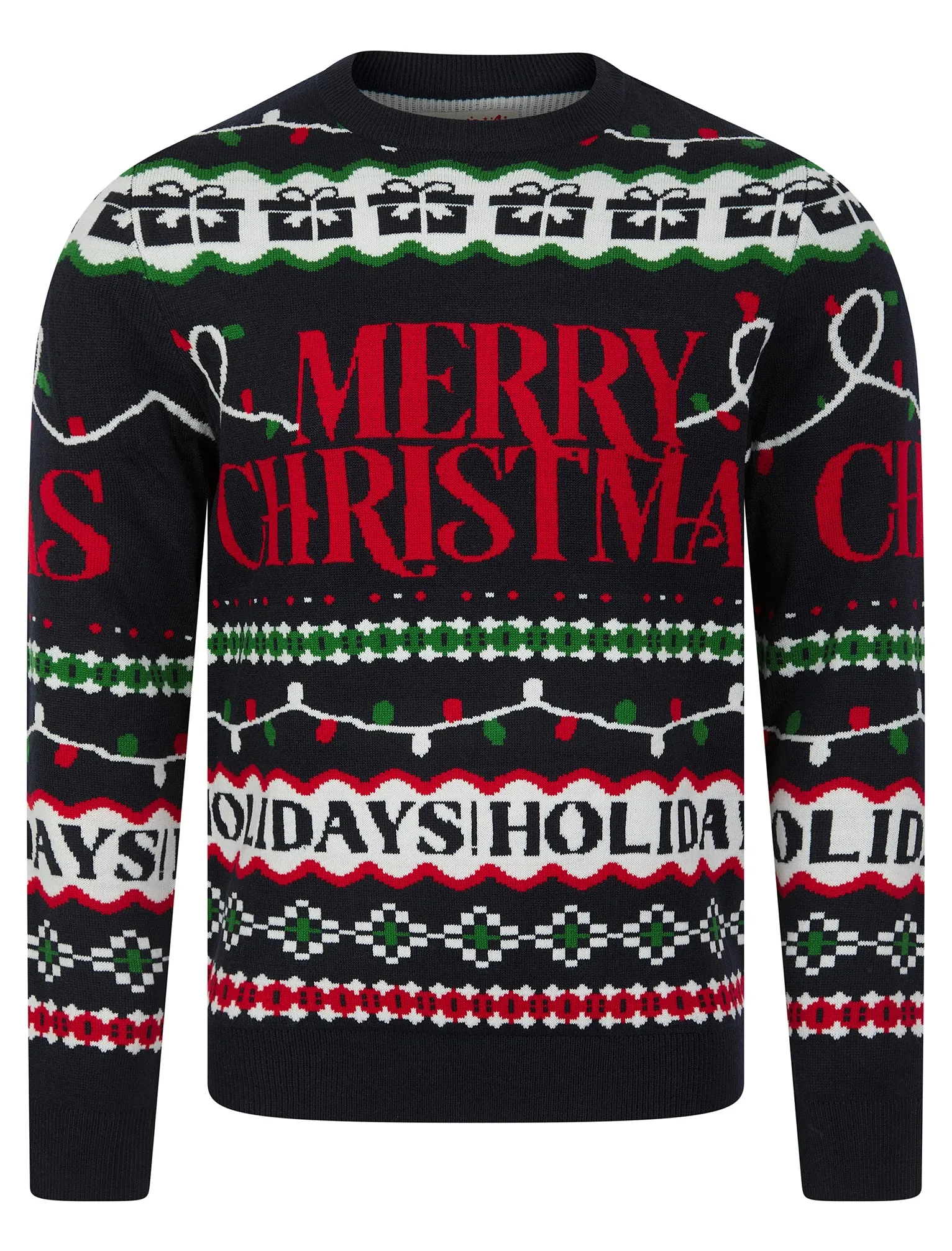 Men's Xmas Wrapping Paper Pattern Novelty Knitted Christmas Jumper in Ink - Merry Christmas sold by Tokyo Laundry