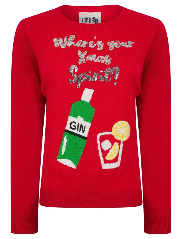 Women's Xmas Spirit Sequinned Novelty Knitted Christmas Jumper in Tokyo Red – Merry Christmas made by Tokyo Laundry