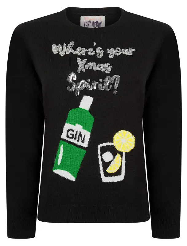 Women's Xmas Spirit Sequinned Novelty Knitted Christmas Jumper in Jet Black – Merry Christmas sold by Tokyo Laundry
