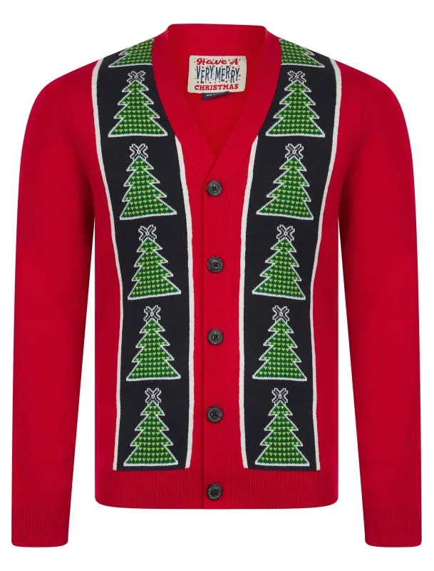 Men's Osier 2 Christmas Tree Pattern Novelty Knitted Christmas Cardigan in George Red - Merry Christmas sold by Tokyo Laundry