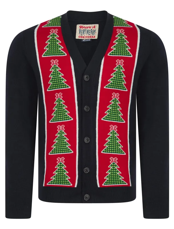Men's Osier 2 Christmas Tree Pattern Novelty Knitted Christmas Cardigan in Ink - Merry Christmas sold by Tokyo Laundry