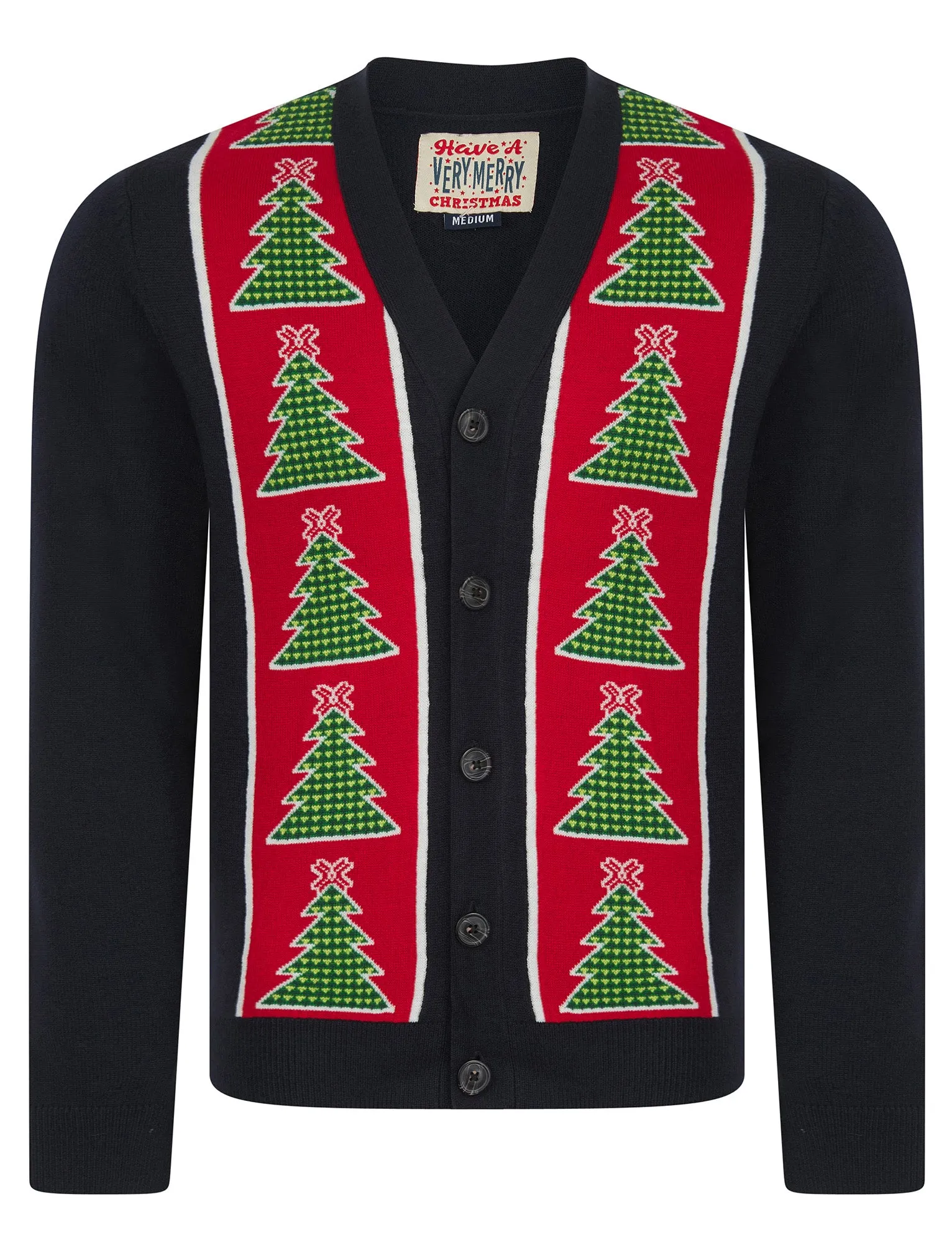Men's Osier 2 Christmas Tree Pattern Novelty Knitted Christmas Cardigan in Ink - Merry Christmas sold by Tokyo Laundry