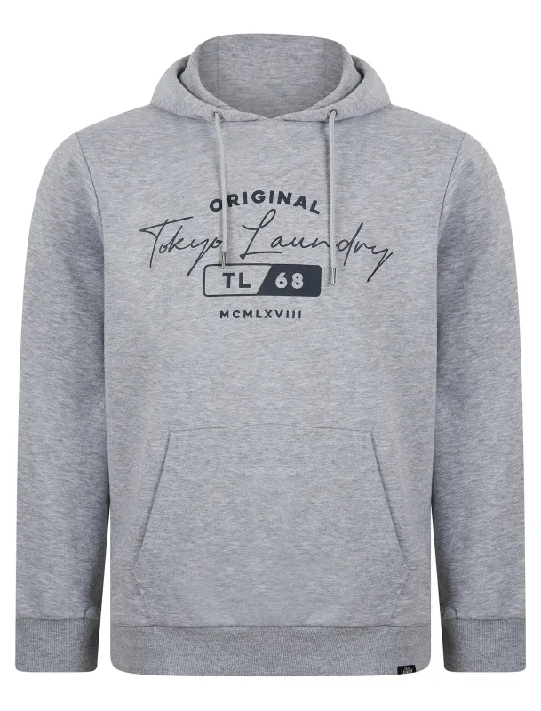 Perciys Graphic Motif Brushback Fleece Pullover Hoodie in Light Grey Marl - Tokyo Laundry sold by Tokyo Laundry