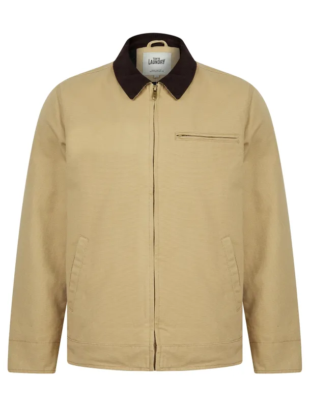 Tapko Lightly Padded Canvas Casual Harrington Bomber Jacket with Corduroy Collar in Stone - Tokyo Laundry sold by Tokyo Laundry