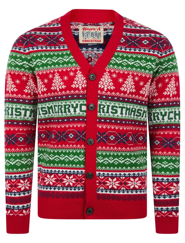 Men's Design Jacquard Knit Novelty Knitted Christmas Cardigan in George Red - Merry Christmas sold by Tokyo Laundry
