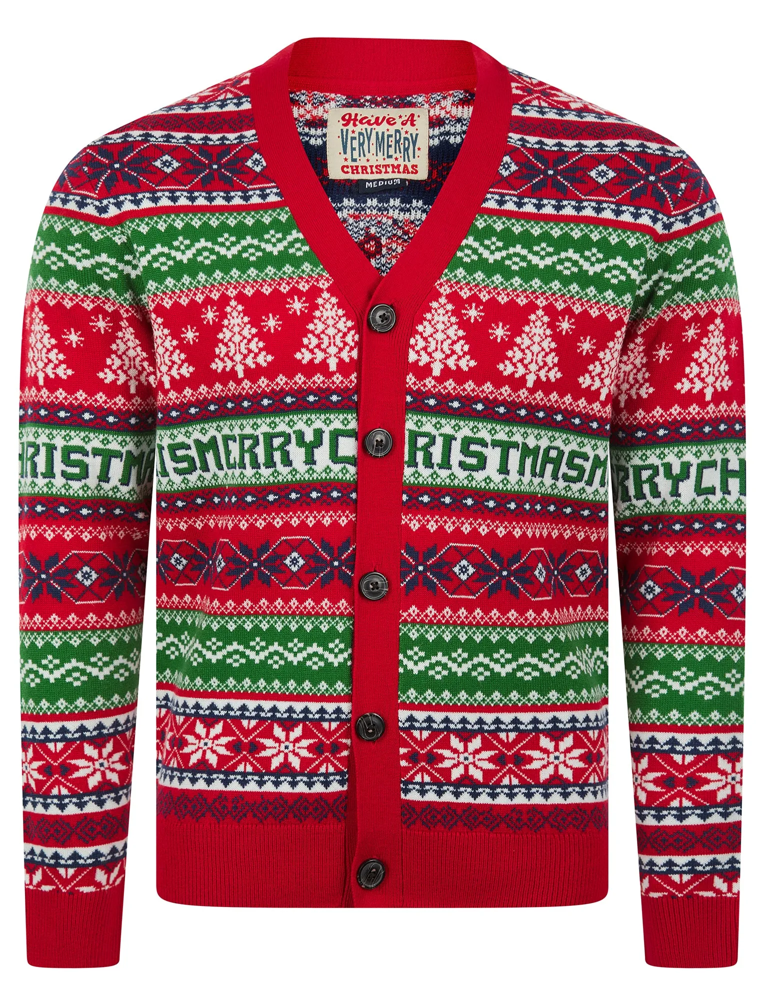 Men's Design Jacquard Knit Novelty Knitted Christmas Cardigan in George Red - Merry Christmas sold by Tokyo Laundry
