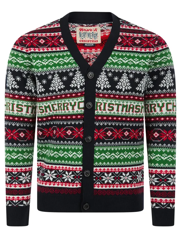 Men's Design Jacquard Knit Novelty Knitted Christmas Cardigan in Ink - Merry Christmas sold by Tokyo Laundry