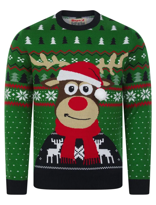 Men's Deer Motif Novelty 3D Pom Pom Design Knitted Christmas Jumper in Christmas Green - Merry Christmas sold by Tokyo Laundry