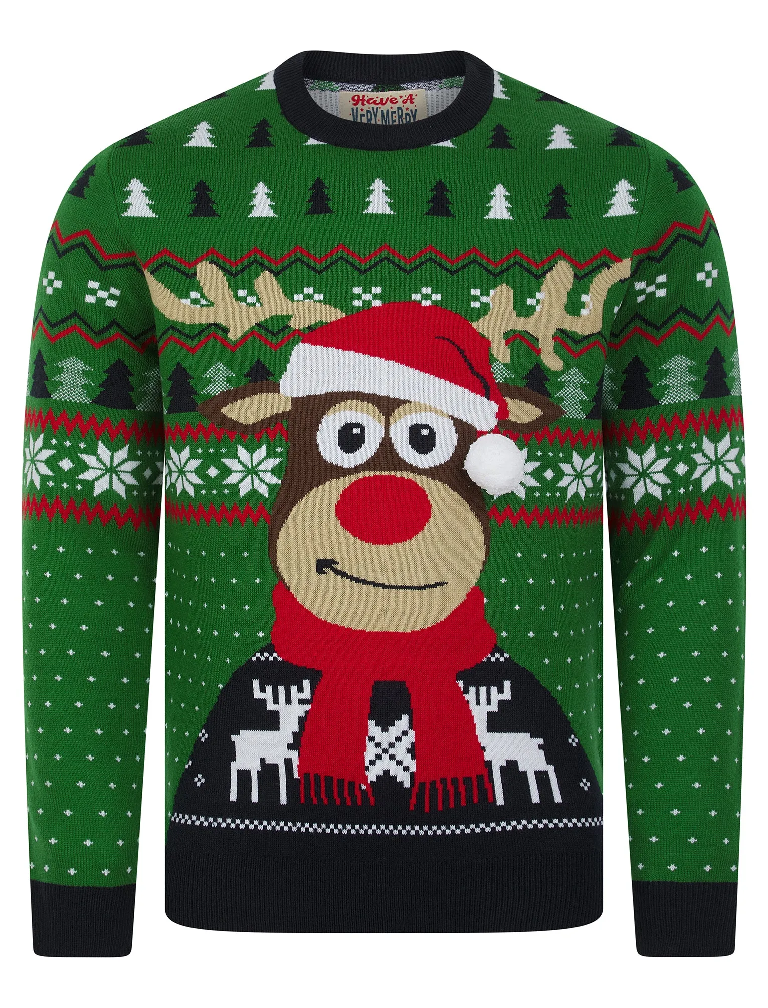 Men's Deer Motif Novelty 3D Pom Pom Design Knitted Christmas Jumper in Christmas Green - Merry Christmas sold by Tokyo Laundry